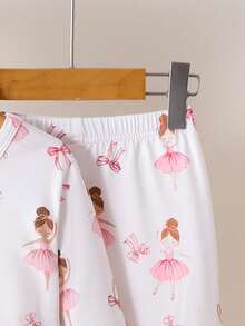 SHEIN 年轻女孩休闲舒适卡通印花圆领长袖上衣和裤子家居服套装