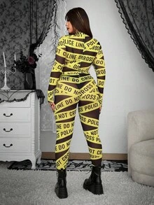 Whyspr Grunge Punk Plus Size Women Street Bold Avant-Garde Casual Punk Fashion English Letter Print Leggings, High Stretch, Suitable For Halloween, Music Festival, Cosplay - Multicolor - View 2