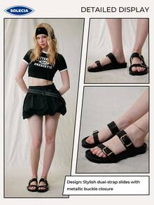 Solecia Casual Black Flat Sandals With Metal Square Buckle, Perfect For Vacation Spring Shoes Spring Break Easter For Christmas - Black - View 12