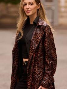 lacRébo 超大长款豹纹乙烯基风衣配腰带秋季女装秋冬 - 彩色 - 查看 8