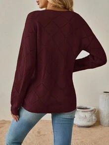SHEIN Clasi 女式纯色V领落肩长袖休闲镂空毛衣，秋冬 - 紫紅色 - 查看 2