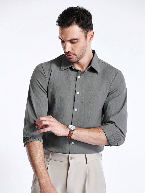 Manfinity CityGents Camisa casual de hombre con botones delanteros y textura de unicolor, otoño