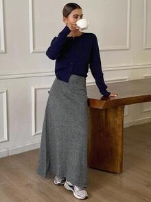 DAZY 女士纯色松紧腰休闲针织裙，秋冬 - 灰色 - 查看 6