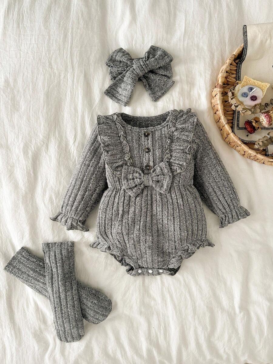 SHEIN 3件套女婴罗纹毛绒连体衣、发带和腿套套装，秋冬季保暖优雅装扮 - 綠色 - 查看 1