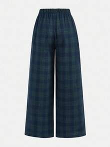 SHEIN Girlism Quần ống rộng kẻ caro hàng ngày bằng vải lông cừu siêu nhỏ dành cho bé gái tuổi teen, quần thể thao đen trắng dành cho bóng đá - Màu xanh lá cây đậm - Xem 2