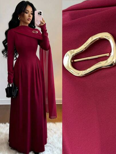 Islaluna Elegant urban chiffongklänning med lapptäcke och hög hals, långärmad och A-linjeformad klänning med metallbroschdekor, lämplig för examensfest, högtider, dejt, bröllop, höst/vinter