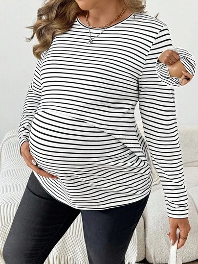 SHEIN Plus Size Randig & Blommig Amningströja för Mamma, Mångsidig För Vardagsbruk, Vår/Höst