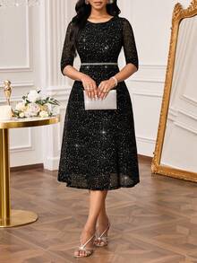 SHEIN Lady 女式优雅闪光圆领中袖中长连衣裙，秋季 - 黑色 - 查看 3