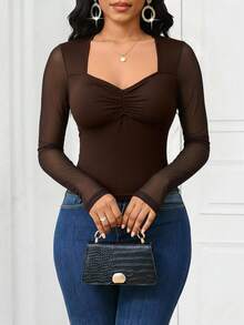 SHEIN Lady Model Baru 2025: Kaos Wanita Warna Cokelat Polos Model Sweetheart Kerah Raglan Lengan Panjang Pas Badan, Atasan Cokelat - Coklat - View 6