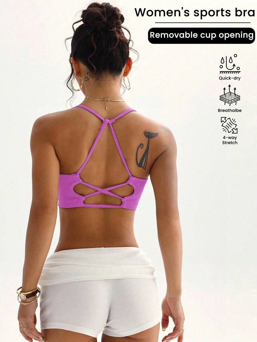 SHEIN Sports 女士纯色交叉后背日常健身运动文胸 - 紫色 - 查看 1
