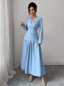 Rafferiza Đầm Maxi Chữ A Tay Dài Cổ Chữ V Xếp Ly Màu Xanh Thanh Lịch Thời Trang Mới, Phù Hợp Cho Tiệc Tốt Nghiệp, Ngày Lễ, Hẹn Hò - Màu xanh lam - Xem 5