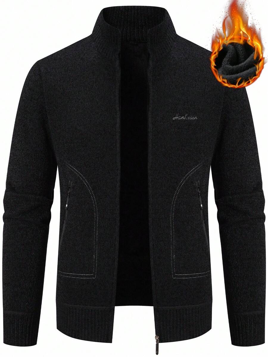 Manfinity Homme 男士休闲百搭羊毛开衫，秋冬 - 黑色 - 查看 1