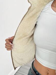 SHEIN PETITE 女士保暖内衬拉链夹棉大衣，冬季 - 杏色 - 查看 8