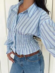 SHEIN EZwear Casual Striped Gathered Waist Shirt, Suitable For Commuting In Autumn - Multicolor - View 7