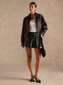 SHEIN BAE 女士纯色简约休闲拉链长袖夹克秋冬女装 - 咖啡棕 - 查看 5