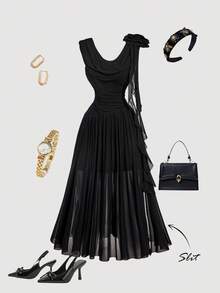 SHEIN MOD Váy đen cổ tròn họa tiết hoa 3D, trang phục phong cách Bohemian - màu đen - Xem 5
