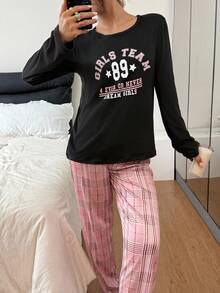 女士休闲字母印花格子睡衣套装，长袖上衣和裤子，秋冬服装 - 彩色 - 查看 4