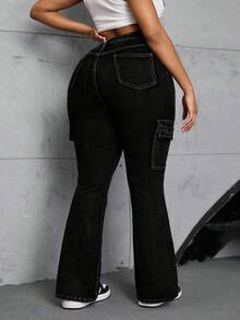 SHEIN SXY Blugi elastici evazați pentru femei, mărime mare, de iarnă - Negru - Vizualizare 2