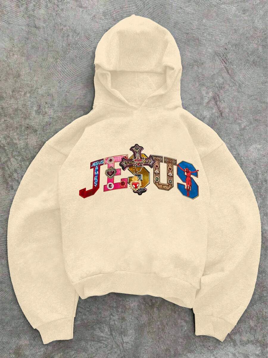 INAWLY Áo sweatshirt nữ dáng rộng, vai rớt, in hình thánh giá và chữ Jesus, thích hợp mặc hàng ngày đi làm. - Màu Khaki - Xem 1