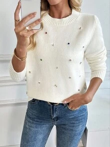 SHEIN LUNE Casual Rhinestone Decor Crew Neck Sweater, Autumn/Winter - Beige - View 6