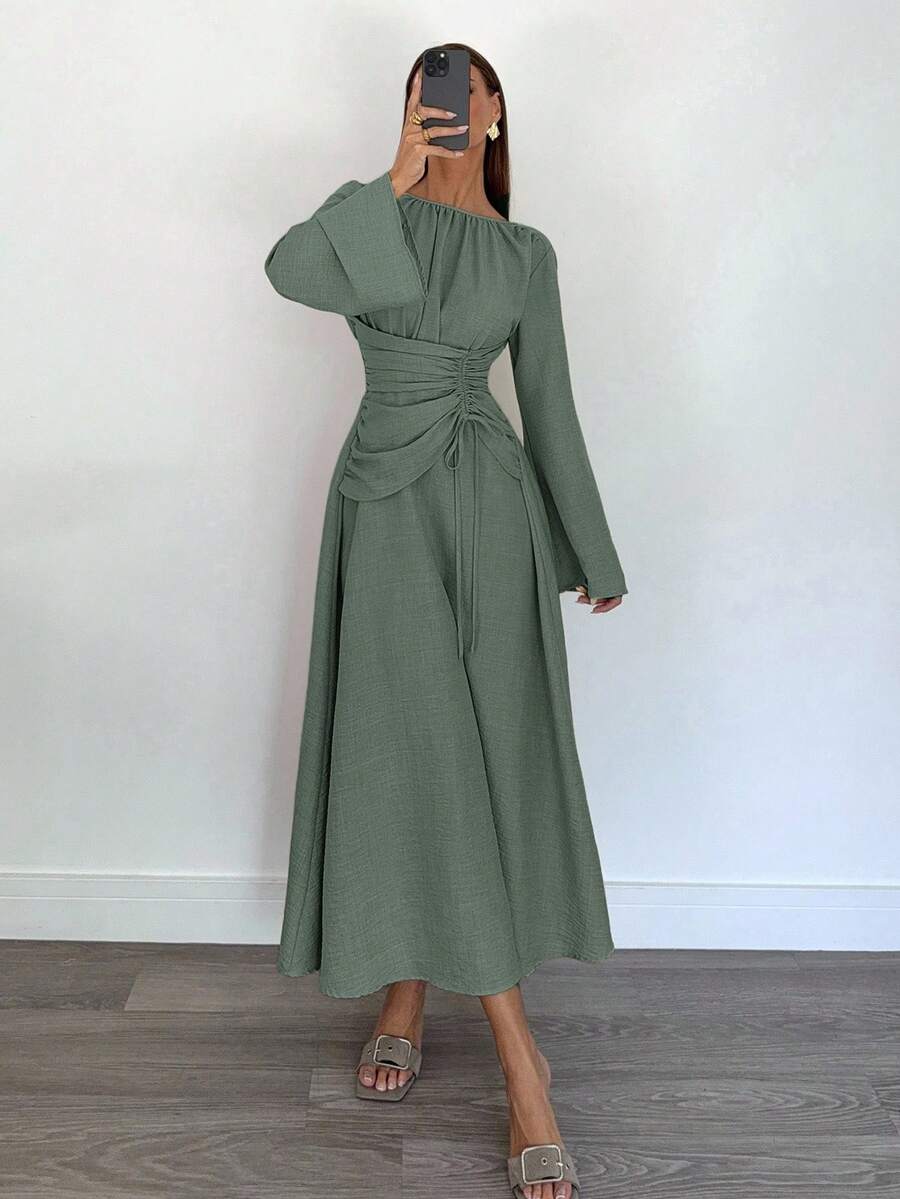 Siren Gaze 女式纯色圆领喇叭袖褶饰腰部抽绳长裙 - 綠色 - 查看 1