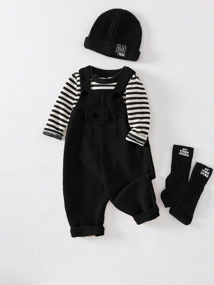 SHEIN Playful Pals 2件組男嬰黑白條紋秋季休閒套裝 親子搭配 嬰幼兒圓領上衣&吊帶褲套裝 新生兒衣物 6M-3T - 黑色 - 查看 1