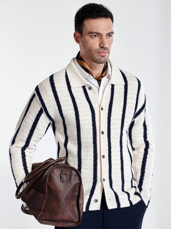 Manfinity CityGents Men's Casual Colorblock Striped Cardigan, Autumn/Winter Mens Knitted Cardigans Men S Cardigan Sweater Knitted Men Shirt Mens Crochet Shirts Striped Men Casual Long Sleeved Shirt It Is Great For Couples And Makes An Excellent Gift Idea For Boyfriends Or Husbands Cutout Stripe Cardigan Sweater