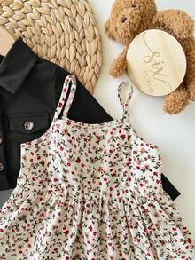 SHEIN Babygirl Ditsy 花卉休闲吊带连衣裙和棕色夹克两件套 - 黑色 - 查看 3