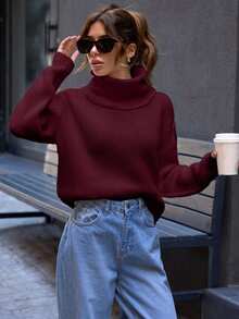 EURMUSE Casual Turtle Neck Plain Crop Sweater - Burgundy - View 3