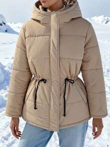 SHEIN Teen Girl Woven Khaki Loose Fit Hooded Padded Padded Coat Cute Winter Jacket Girls Winter Coat Girls Hooded Puffer Coat Tween Puffer Jacket Puffer Jacket With Hood Cute Jacket Jacket For Girls Light Jacket - Khaki - View 1