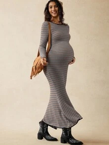 Boho Mama 孕妇条纹圆领长袖鱼尾下摆修身优雅连衣裙 - 棕色 - 查看 6