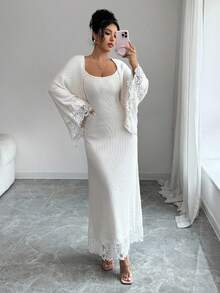 Elenzga French Style Elegant Cardigan & Slip Dress 2 Pieces Set Women's Christmas Party Dress 2 Pieces Set Women's Christmas Sweater & White Dress 2 Pieces Set - Apricot - View 4