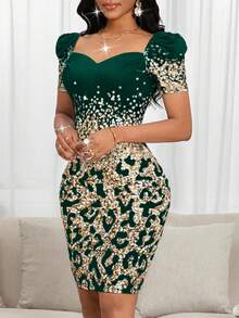 SHEIN Lady 2025 New Women's Elegant Floral Print Short Sleeve Dark Green Midi Dress,Dresses For Women Elegant New Year Outfit Christmas Party Dress Elegant Dresses For Party