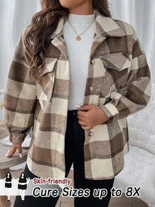 SHEIN CURVE+ Plus Size Women Casual Retro Brown Plaid TR Composite Long Sleeve Jacket - Coffee Brown - View 1