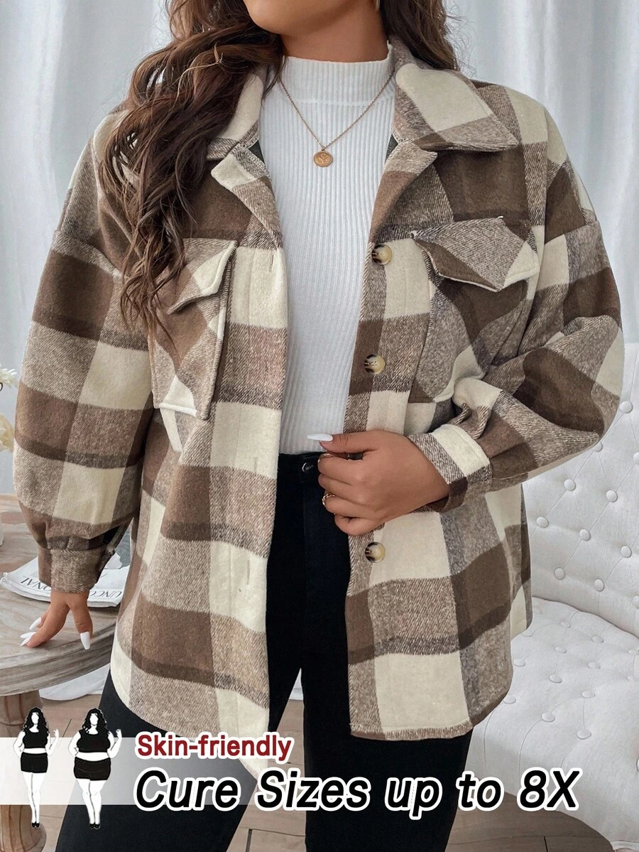 SHEIN CURVE+ Plus Size Women Casual Retro Brown Plaid TR Composite Long Sleeve Jacket - Coffee Brown - View 1