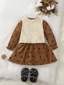 Toddler Girls' Solid Color Fluffy Jacket And Polka Dot Casual Dress Set, With Convenient Button Front And Cuff Design, Fashionable Appearance, Suitable For Spring And Autumn, Suitable For Toddlers, Solid Color, Long Sleeve, Fluffy, Elastic Waist, Suitable For Outdoor, Please Select According To Our Size Chart - Multicolor - View 2