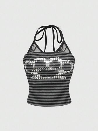 ROMWE Avant Camiseta de mujer con estampado de rayas, encaje y decoración con estampado de pata en estilo retro y sexy para festivales de música rave