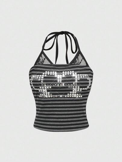 ROMWE Avant Camiseta de mujer con estampado de rayas, encaje y decoración con estampado de pata en estilo retro y sexy para festivales de música rave