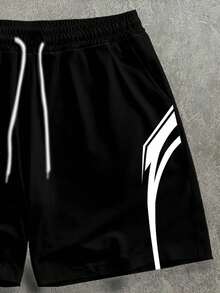 Manfinity ZONE917 Loose Patchwork Colorblock Black & White Athleisure Style Short Sleeve Streetwear Set