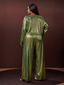 Veslaya Nuevo conjunto de 2 piezas de otoño/invierno para mujer talla grande, compuesto por una blusa suelta de manga larga y cuello redondo en color verde azulado elegante, y pantalones de pierna ancha y extra largos con bolsillos, en tela brillante, ideal para fiestas, citas, eventos, graduación, boda y Navidad - Verde - Ver 4
