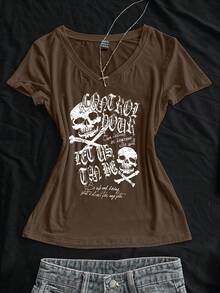 StreetHx Áo thun nữ cổ chữ V bó sát, in hình anime phong cách Punk đầu lâu, màu cà phê, tay ngắn cổ chữ V - Cà phê nâu - Xem 1