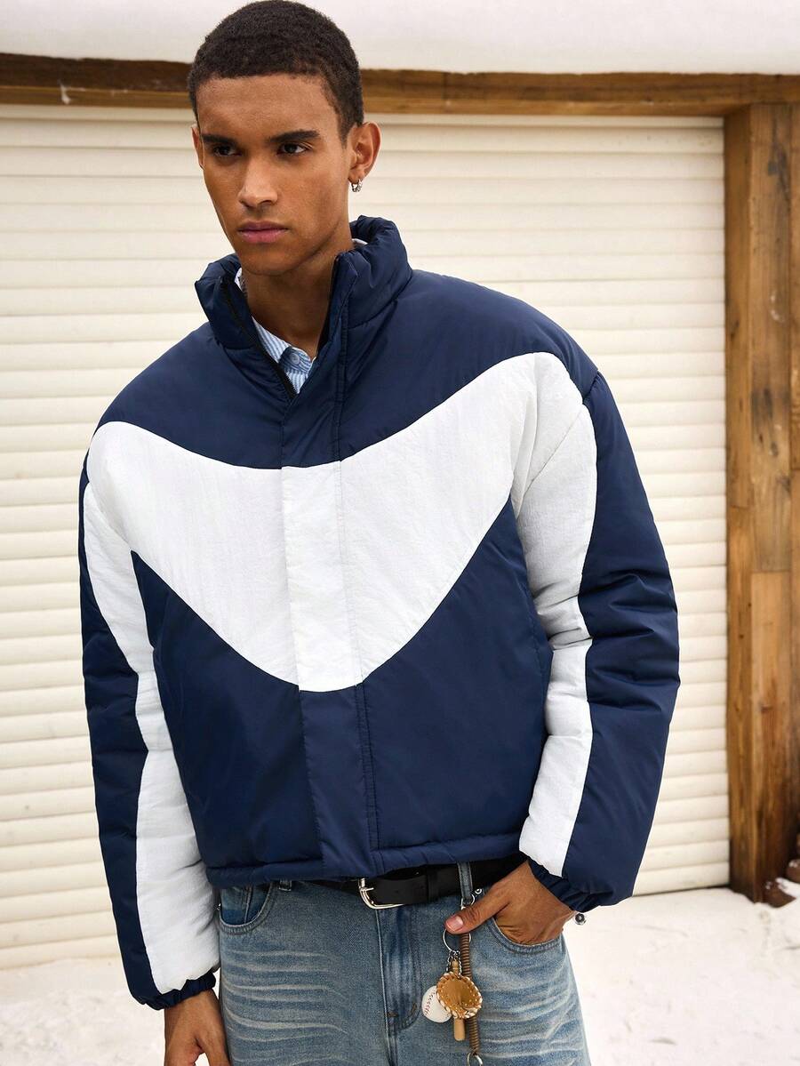 SWAVVY Men's Contrast Color Zipper Front Casual Loose Winter Jacket - Blue and White - View 1