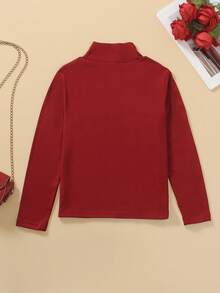 SHEIN Girls'Rhinestone Embellished Turtleneck Long Sleeve T-Shirt,Burgundy Autumn Elegant Party Fully Studded Design,Soft & Comfortable Fabric Versatile - Burgundy - View 2