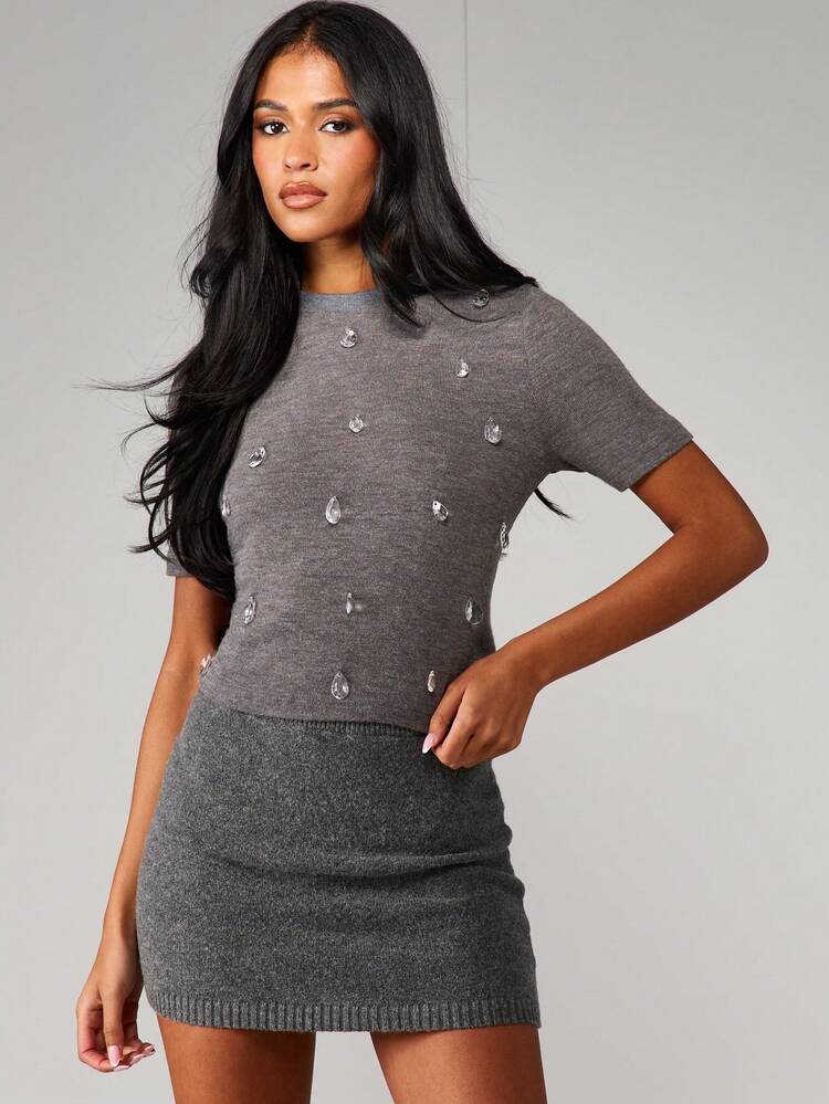 MISSGUIDED Knitted Short Sleeve Top With Crystal Teardrop Embellishments