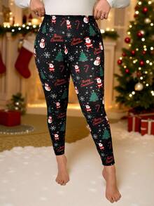 SHEIN Essnce Plus Size Women's Autumn And Winter Fashion Casual High Elastic Comfortable Santa Claus Print Black Leggings With Pockets, Festival Clothes,Curve Pants,Fall Outfits,Christmas Outfit For Women Plus Size Christmas Leggings Christmas Outfit Women
