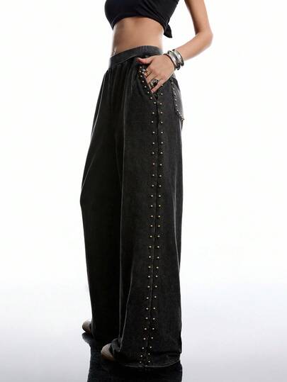 LYSMO Plus Size Casual Loose Rhinestone Decor Y2K Street Chic Sweatpants, Autumn/Winter Wide Leg Pants Pants Wide Leg Pallazo Pants Women Distressed