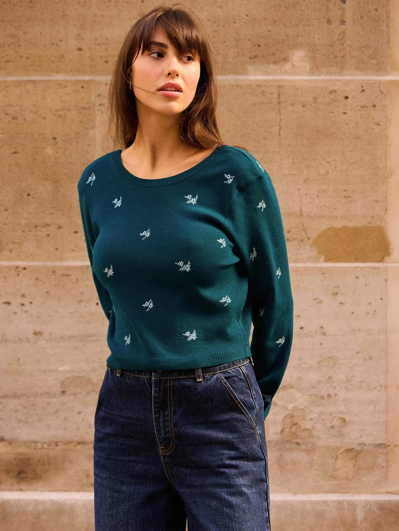 Navy Blue Floral Printed Loose Fit Open Tie Back Jumper Fall Women Autumn Office Spring Summer Going Out