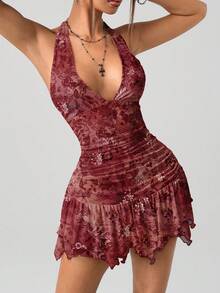 SHEIN ICON 女士休闲性感露背迷你连衣裙，适合 Y2K，佩斯利印花，安哥拉红 - 彩色 - 查看 5