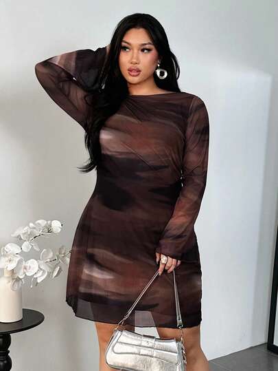 Firerie Plus Size Women's Ombre Gradient Print Backless Flare Sleeve Mini Mesh Sheer Sexy Flare Sleeve Dress, Vacation Dress, Sexy/Vacation/Beach/Romantic/Music Festival/Casual Sheer Dress Women See Through Dress Coffee Brown Dress Dark Brown Dress Brown Dress Women Dress Sheer Brown Dress Brown Sexy Dress Spring To Summer