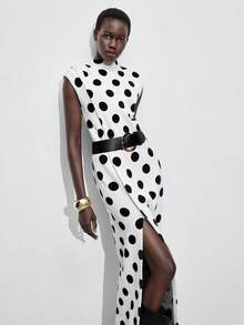 Maija Váy len xẻ tà cao cổ đứng họa tiết chấm bi 2025 - Đen và trắng - Xem 6